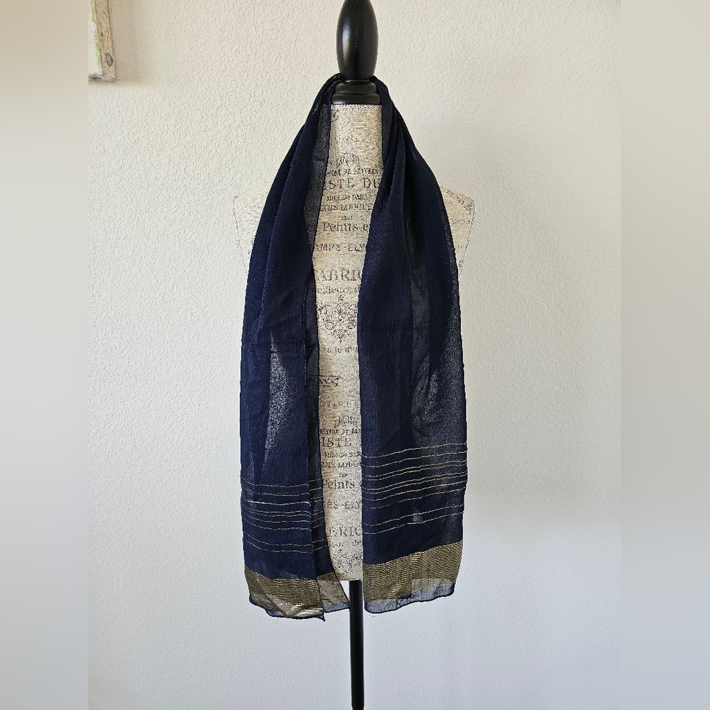 Vintage Echo Navy & Gold Lurex Striped Scarf Sheer Metallic Shimmer Wrap
